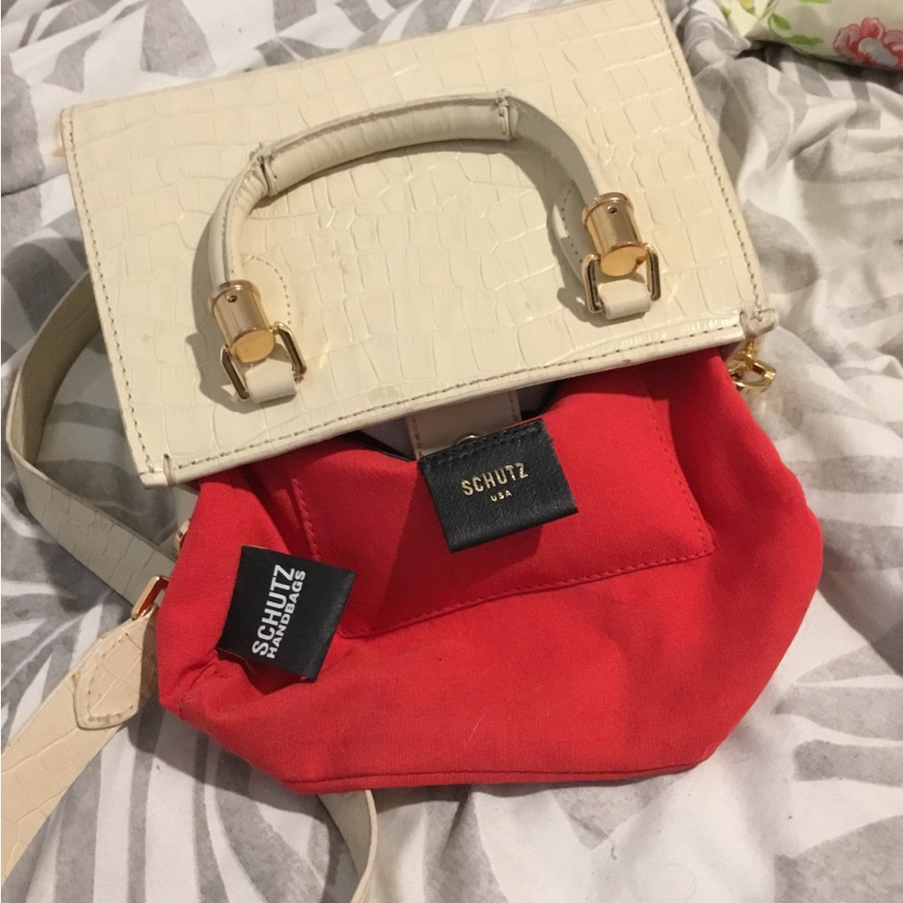SCHUTZ Red Canvas Satchel with Cream Croc-Embossed Top Handle